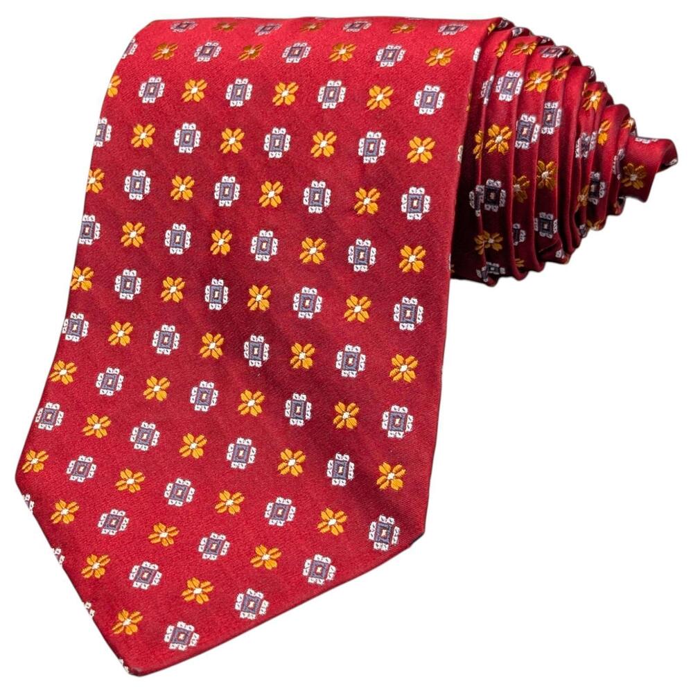Robert Talbott Best Of Class Tie 58" Silk Red Yellow Neat Floral‎ Medallion VTG